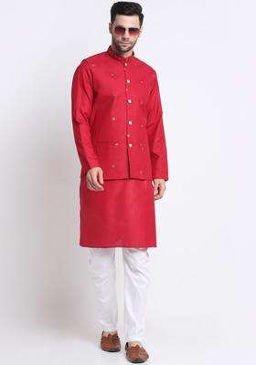Red Embroidered Cotton Kurta Set For Men