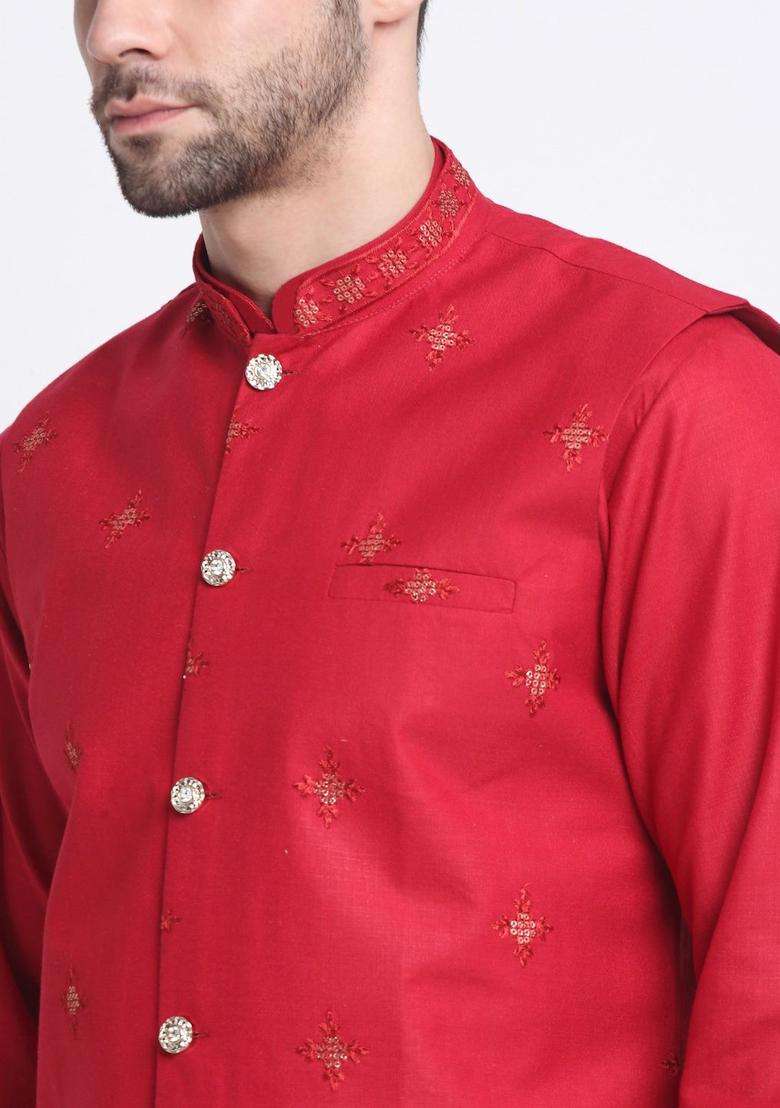 Red Embroidered Cotton Kurta Set For Men - Indya