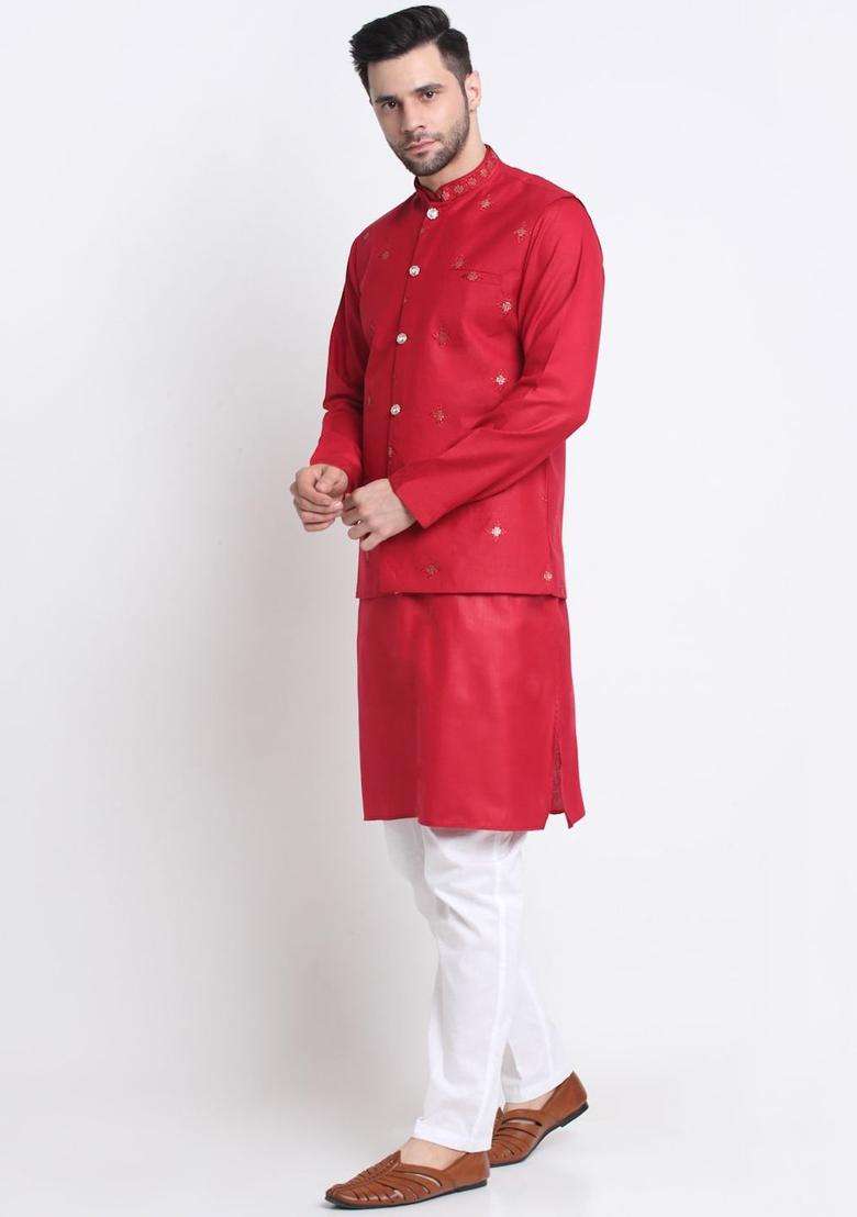 Red Embroidered Cotton Kurta Set For Men - Indya