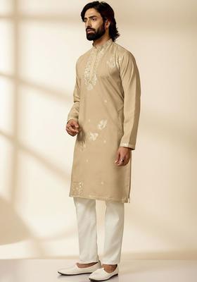 Beige Embroidered Cotton Kurta Set For Men