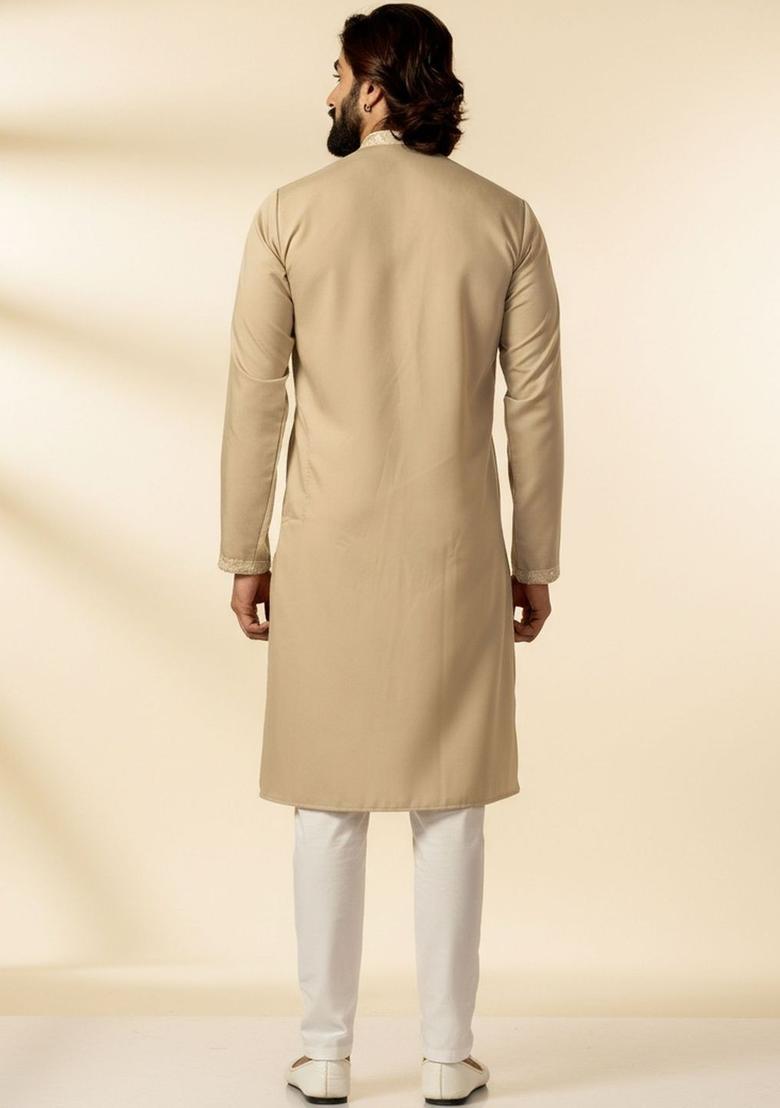 Beige Embroidered Cotton Kurta Set For Men - Indya