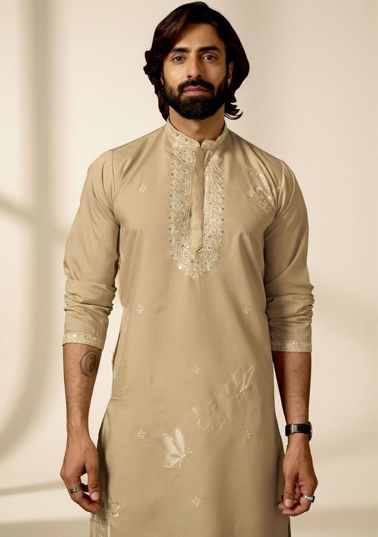 Beige Embroidered Cotton Kurta Set For Men - Indya