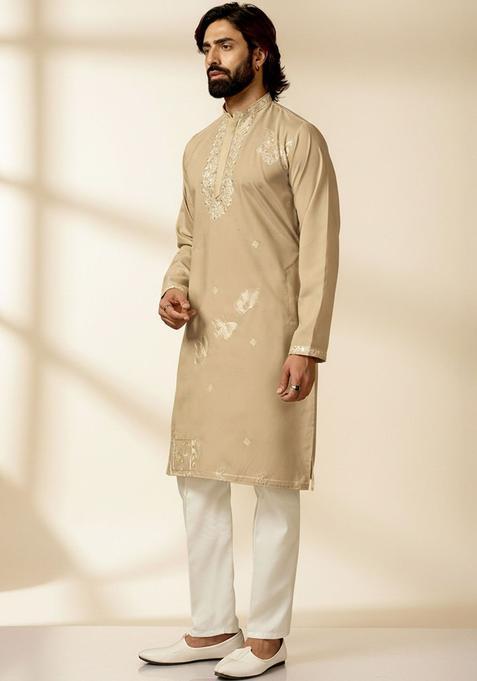 Beige Embroidered Cotton Kurta Set For Men