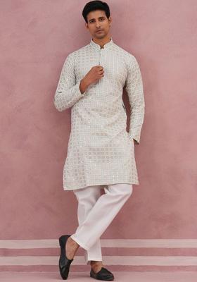 White Embroidered Viscose Kurta Set For Men