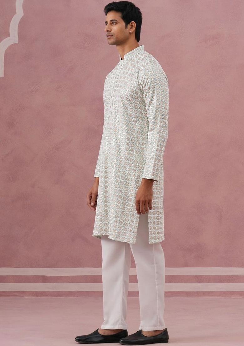 White Embroidered Viscose Kurta Set For Men - Indya