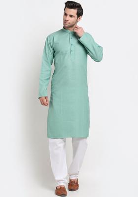 Green Striped Cotton Kurta Set For Men
