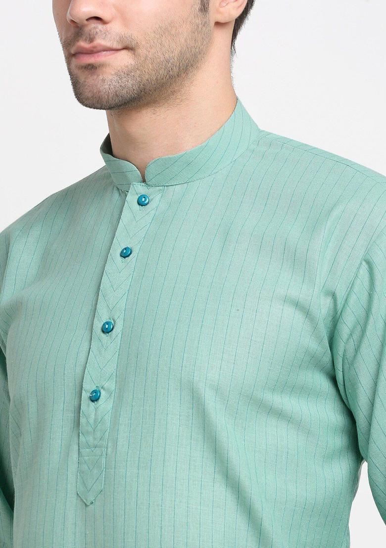 Green Striped Cotton Kurta Set For Men - Indya