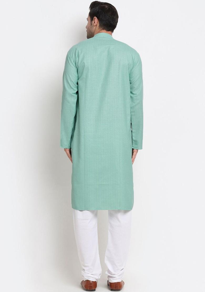 Green Striped Cotton Kurta Set For Men - Indya