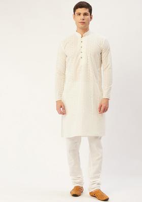 Beige Embroidered Cotton Kurta Set For Men