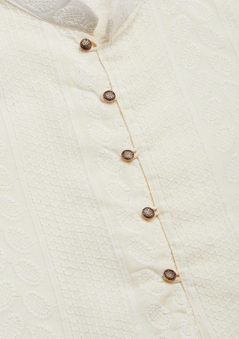 Beige Embroidered Cotton Kurta Set For Men - Indya