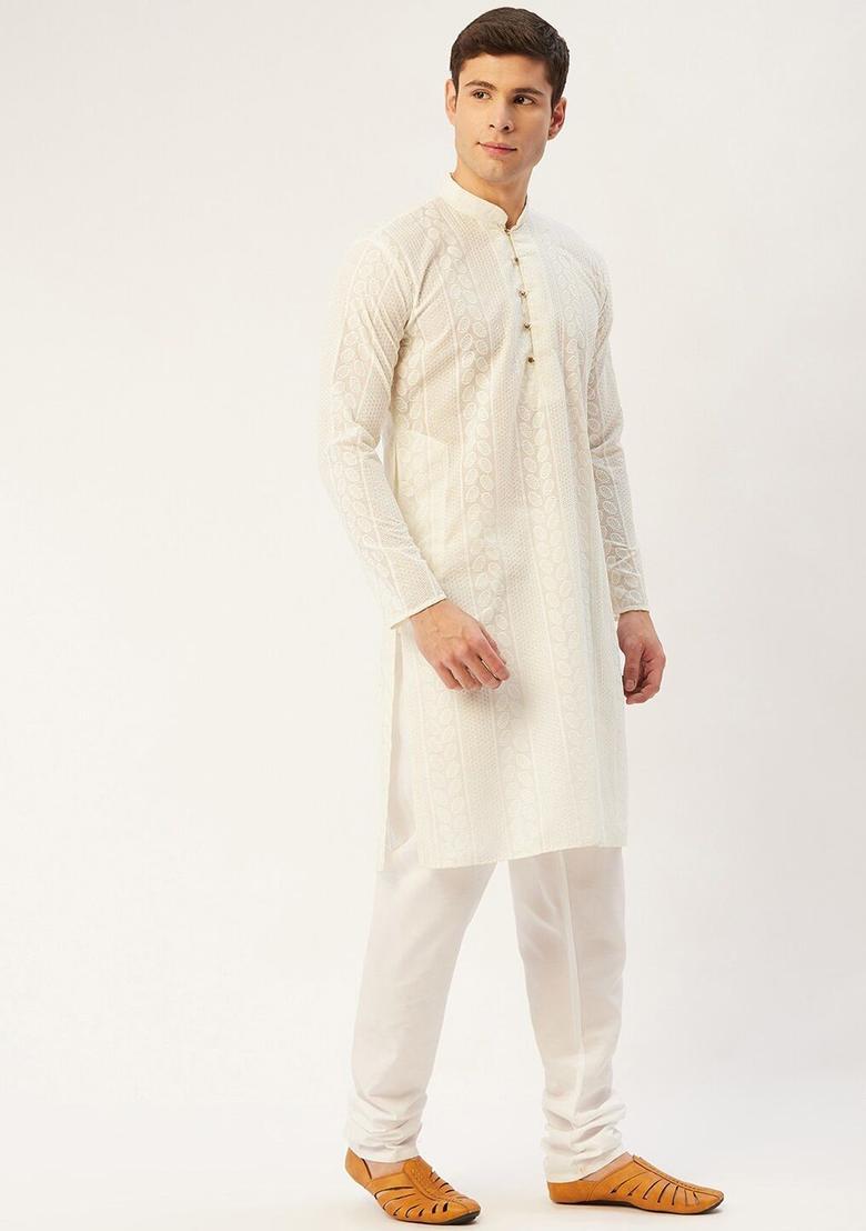 Beige Embroidered Cotton Kurta Set For Men - Indya
