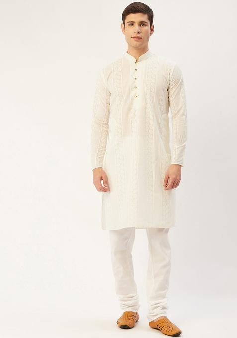 Beige Embroidered Cotton Kurta Set For Men