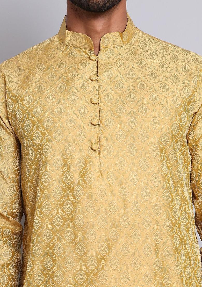 Gold Woven Design Silk Kurta Set For Men - Indya