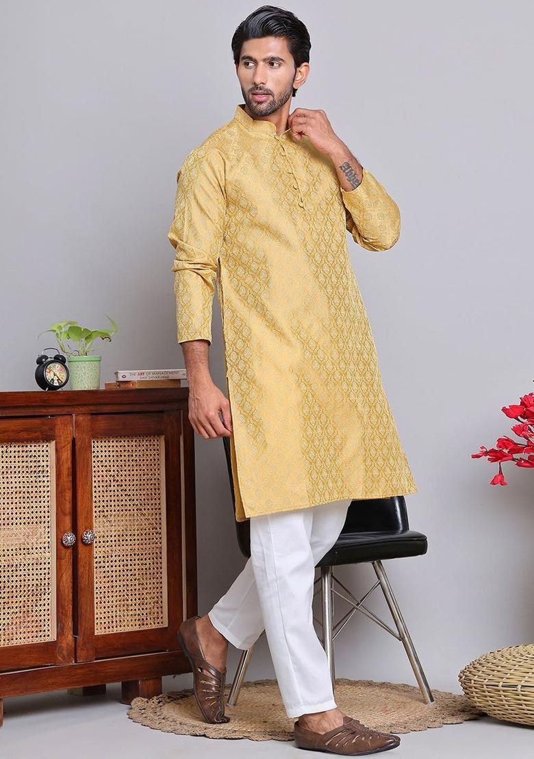 Gold Woven Design Silk Kurta Set For Men - Indya