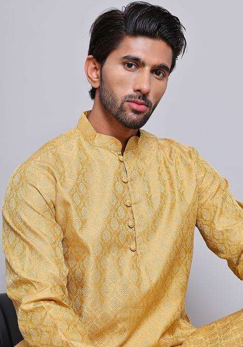 Gold Woven Design Silk Kurta Set For Men