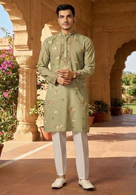 Olive Embroidered Cotton Kurta Set For Men