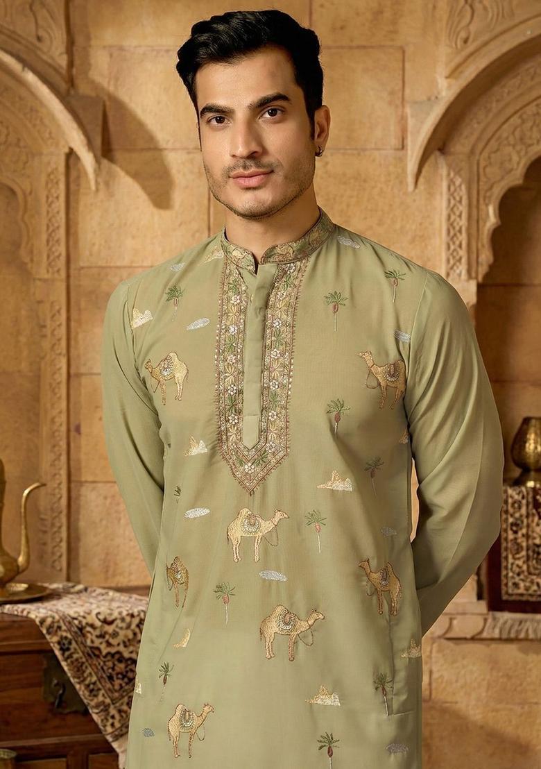 Olive Embroidered Cotton Kurta Set For Men - Indya