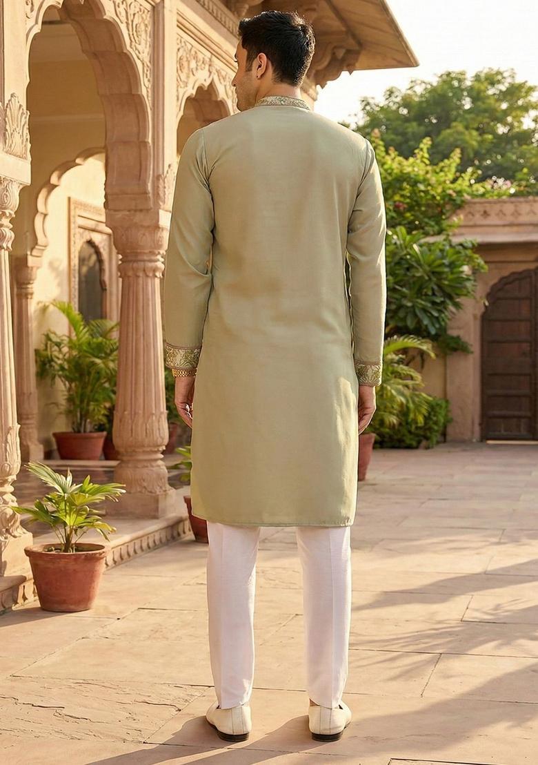 Olive Embroidered Cotton Kurta Set For Men - Indya