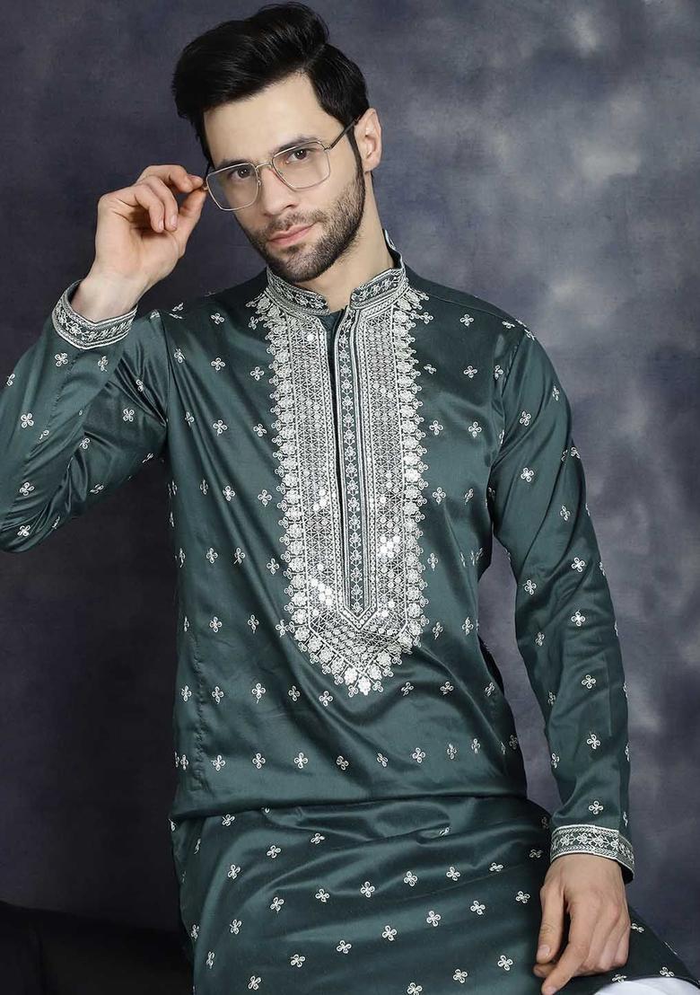 Olive Embroidered Silk Kurta Set For Men - Indya