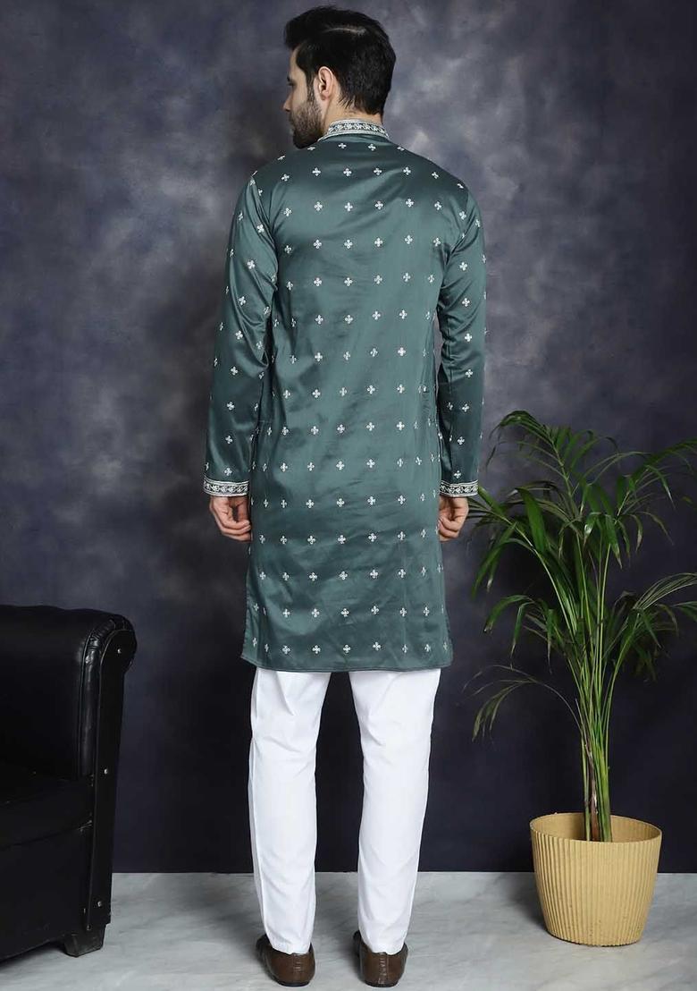 Olive Embroidered Silk Kurta Set For Men - Indya