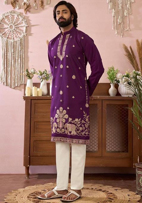 Purple Embroidered Cotton Kurta Set For Men