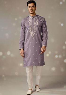Purple Embroidered Silk Kurta Set For Men