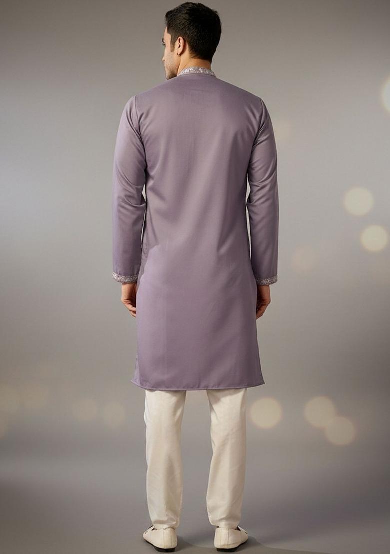 Purple Embroidered Silk Kurta Set For Men - Indya
