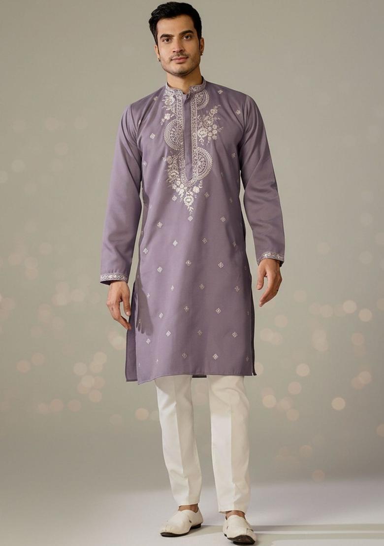 Purple Embroidered Silk Kurta Set For Men - Indya