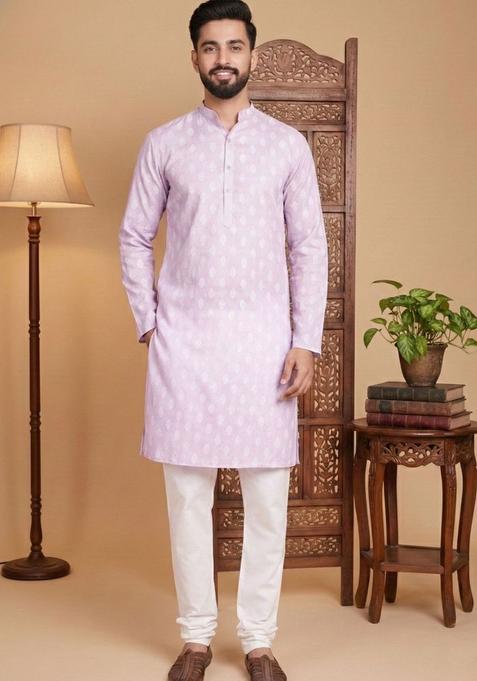 Purple Printed Cotton Kurta Set For Men