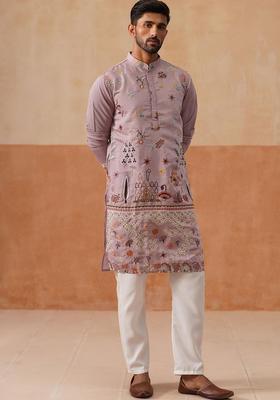 Pink Embroidered Silk Kurta Set For Men