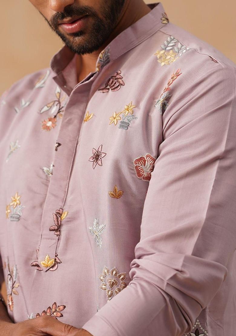 Pink Embroidered Silk Kurta Set For Men - Indya