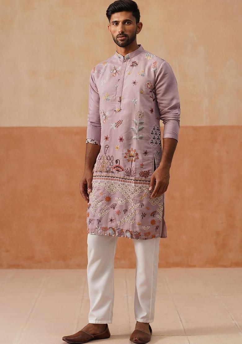 Pink Embroidered Silk Kurta Set For Men - Indya