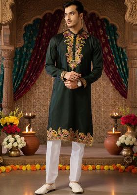 Green Embroidered Polyester Kurta Set For Men