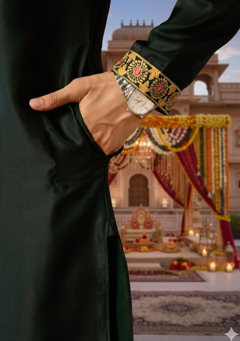 Green Embroidered Polyester Kurta Set For Men - Indya