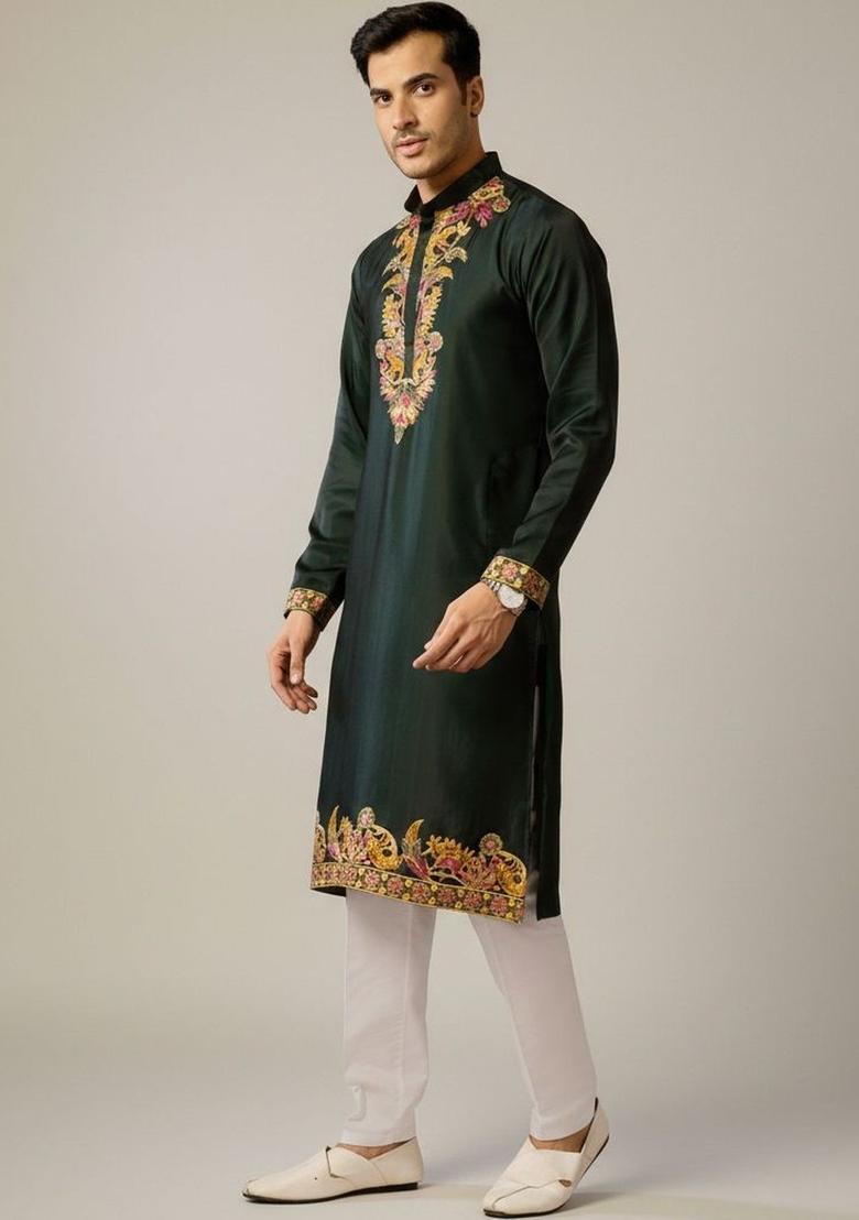 Green Embroidered Polyester Kurta Set For Men - Indya