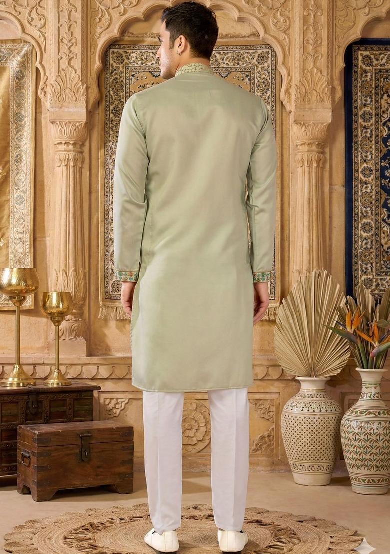 Green Embroidered Cotton Kurta Set For Men - Indya