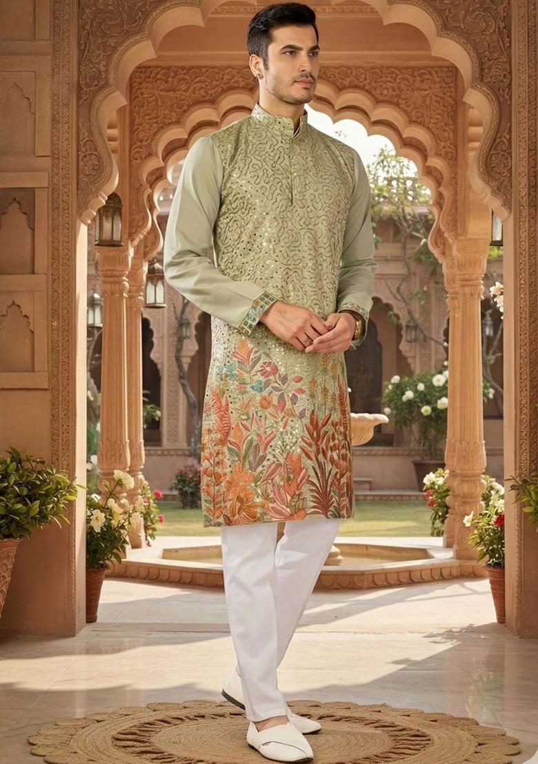 Green Embroidered Cotton Kurta Set For Men - Indya