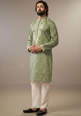 Olive Embroidered Cotton Kurta Set For Men