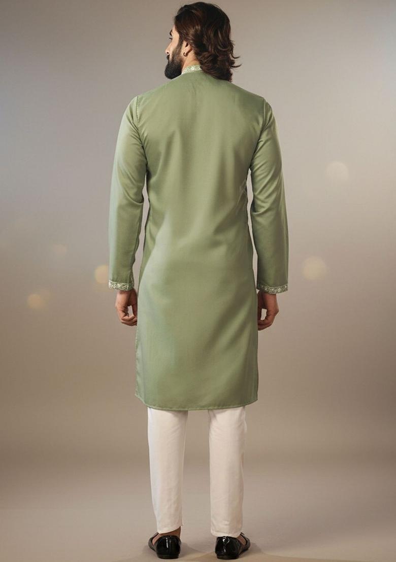 Olive Embroidered Cotton Kurta Set For Men - Indya