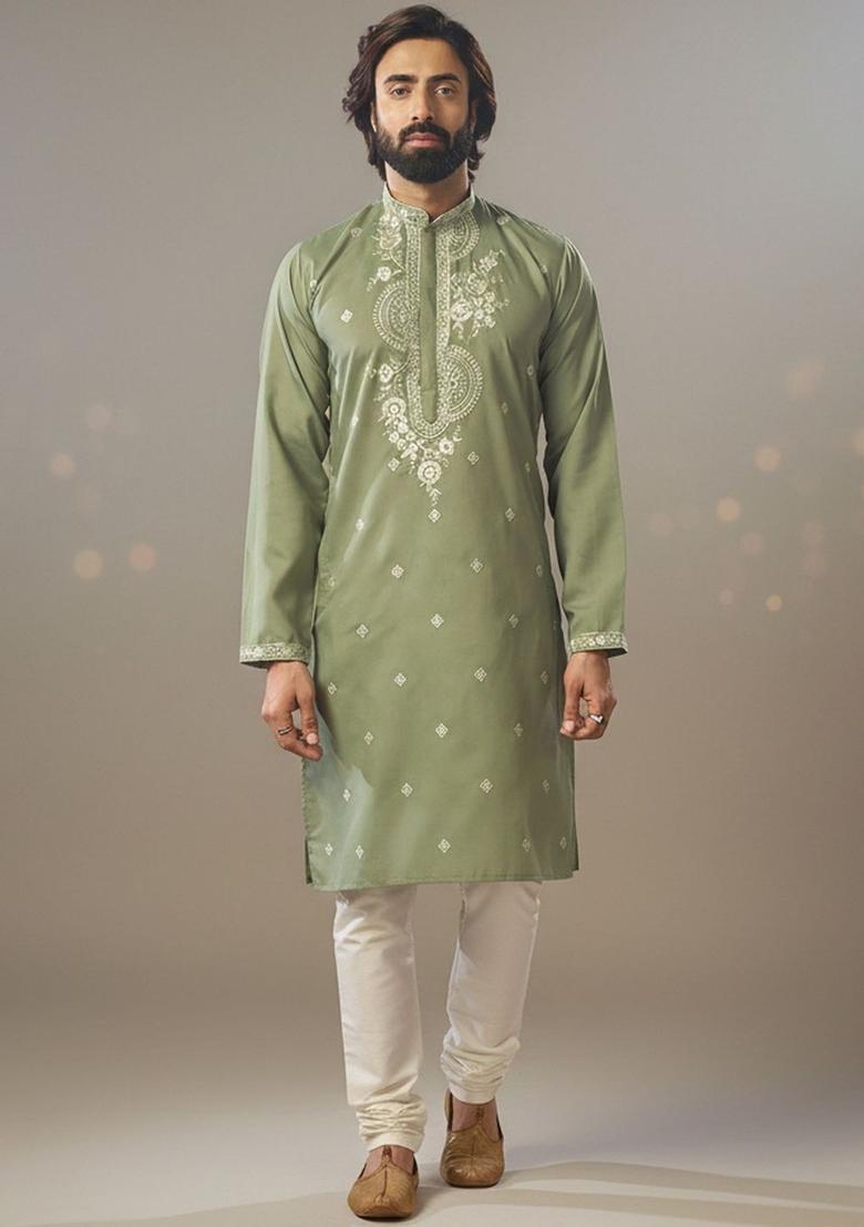 Olive Embroidered Cotton Kurta Set For Men - Indya