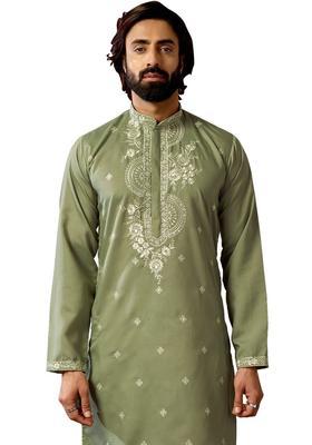 Olive Embroidered Cotton Kurta Set For Men