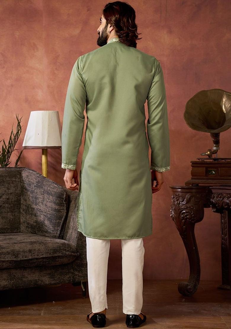 Olive Embroidered Cotton Kurta Set For Men - Indya