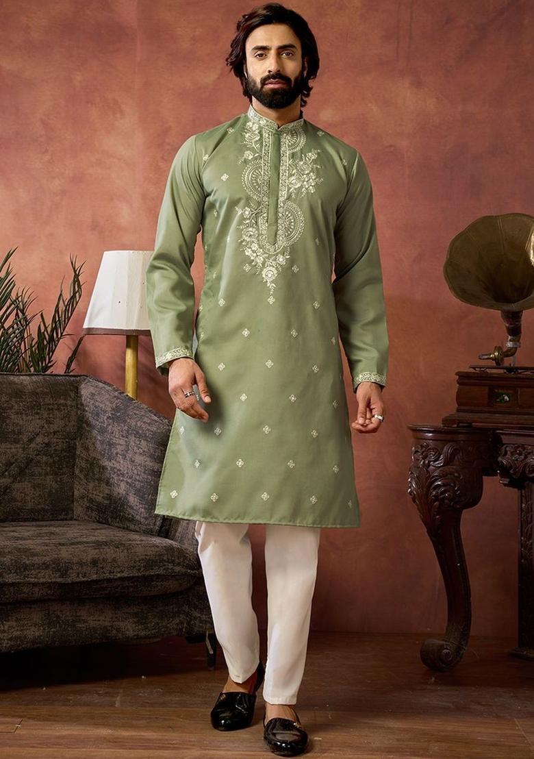 Olive Embroidered Cotton Kurta Set For Men - Indya