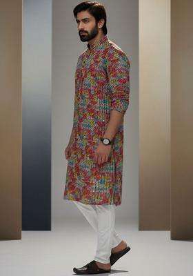 Red Embroidered Cotton Kurta Set For Men