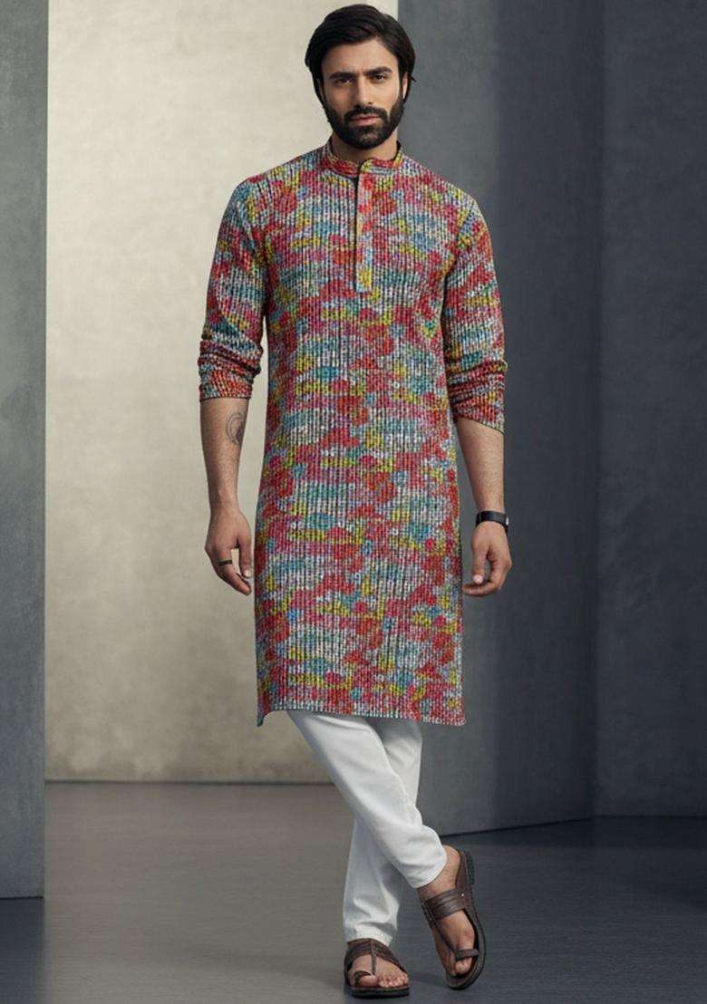 Red Embroidered Cotton Kurta Set For Men - Indya