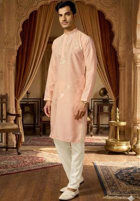 Peach Embroidered Cotton Kurta Set For Men
