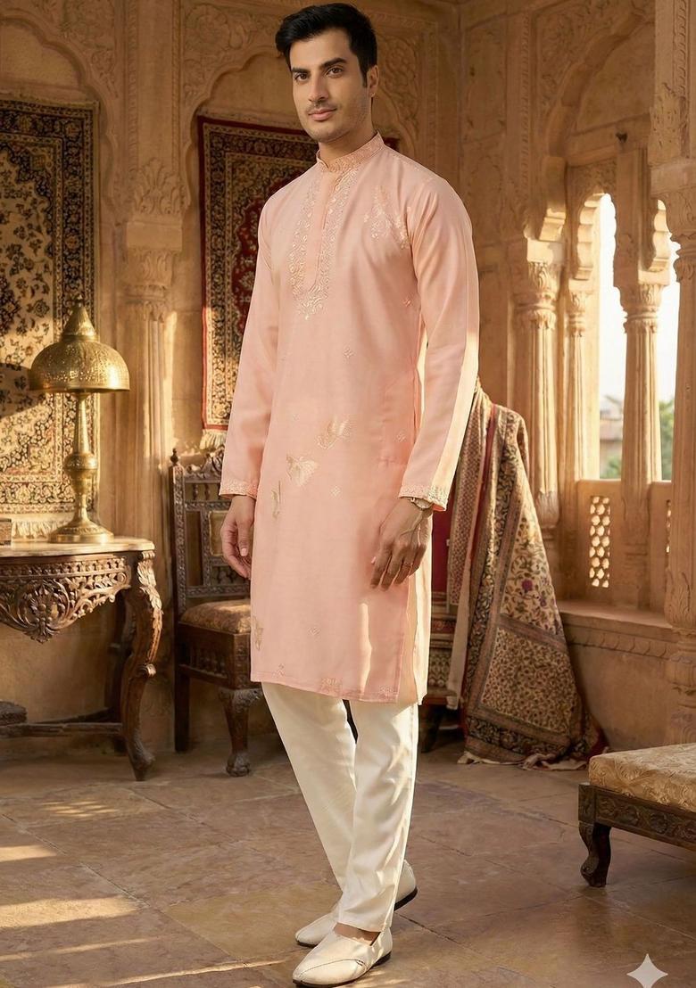 Peach Embroidered Cotton Kurta Set For Men - Indya