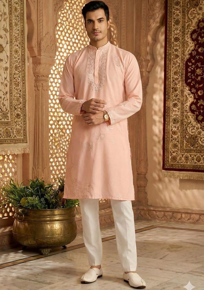 Peach Embroidered Cotton Kurta Set For Men - Indya