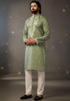Olive Embroidered Cotton Kurta Set For Men