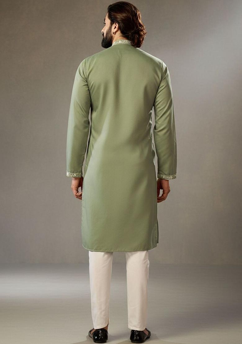 Olive Embroidered Cotton Kurta Set For Men - Indya